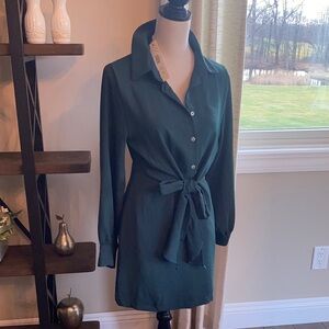 She & Sky Dark Green Button-Up Dress with Waist Tie